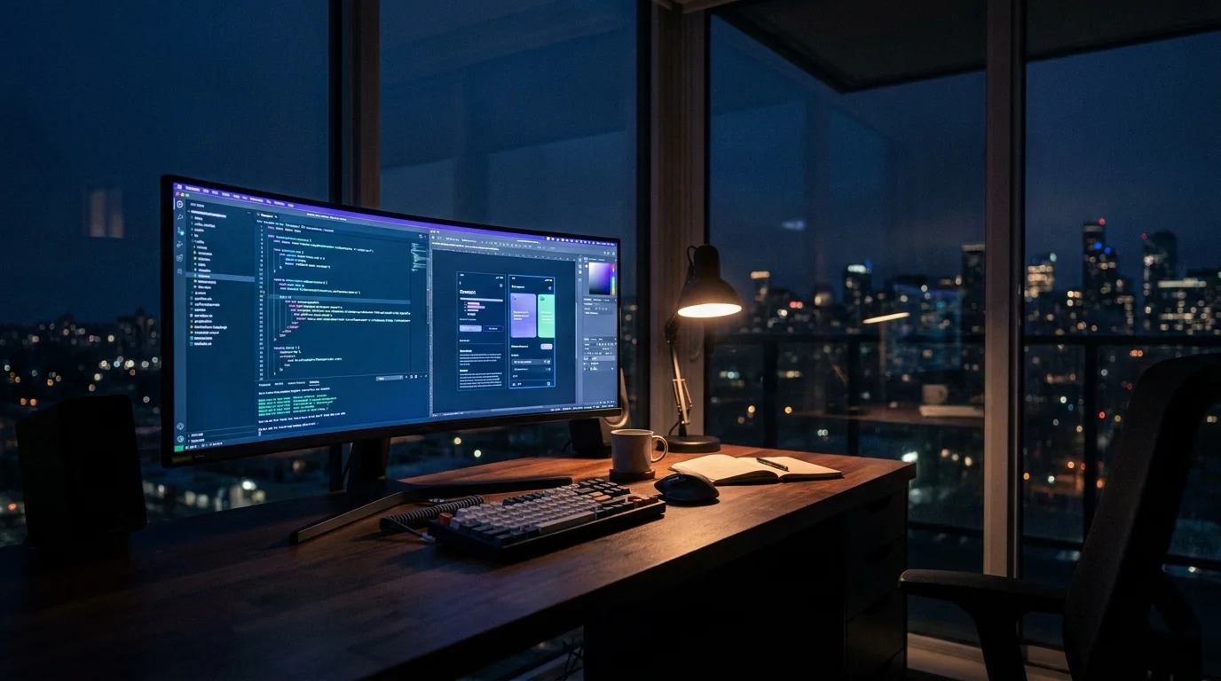 Desk with design sketches and laptop for review