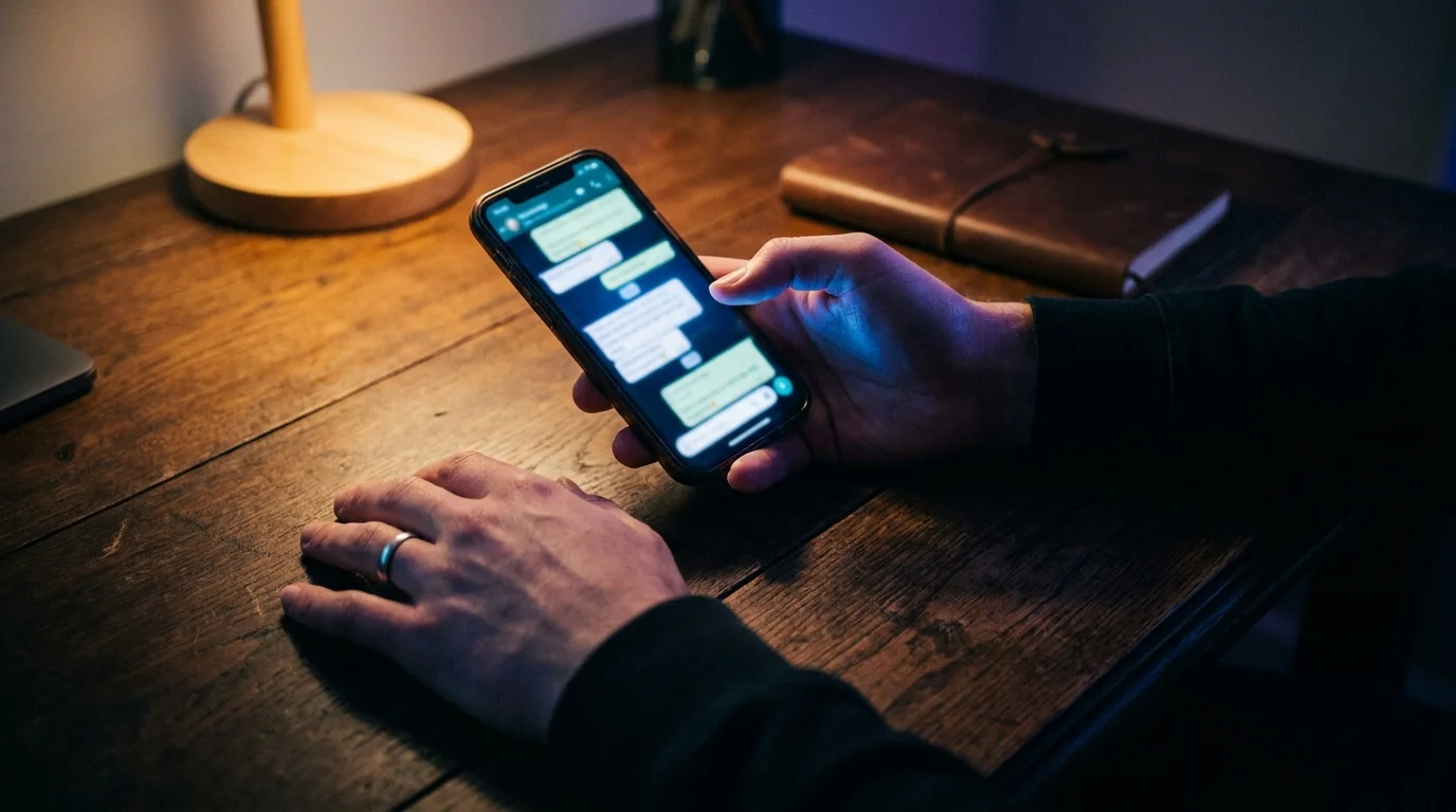 Contact Aposlo Studios on WhatsApp — hands holding a phone showing a client conversation