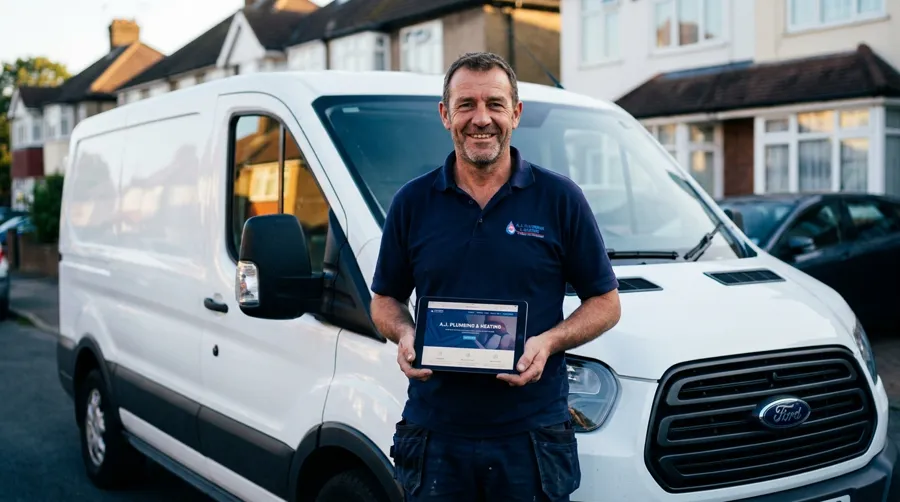Website design for UK plumbers — plumber holding a tablet showing their new site